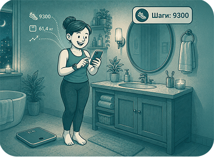 Дневник Fitconnect объединяет данные о шагах и весе: 9300 шагов и 61,4 кг