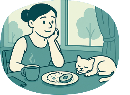 Женщина за столом с дневником и тарелкой — осознанность в еде и внимание к себе