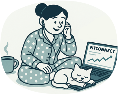 Маскот-девочка Fitconnect дома с ноутбуком, читает статью, рядом сидит кошка. Иллюстрация подчёркивает идею заботы о здоровье без фанатизма.